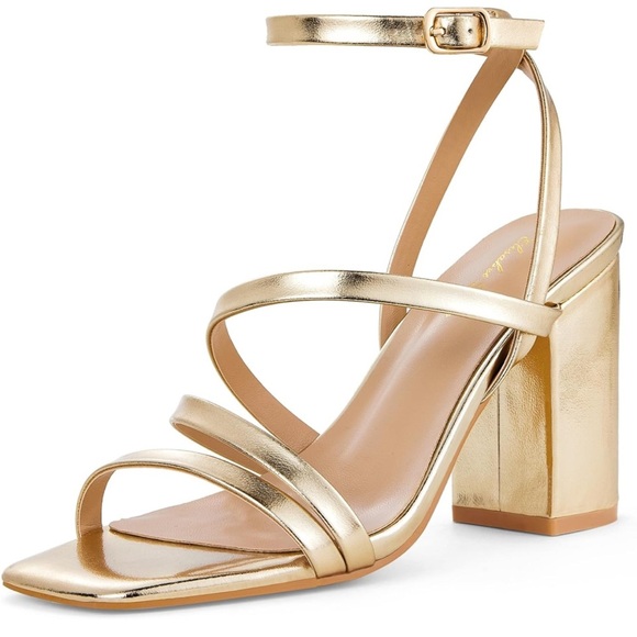 Elisabet Tang Strappy Chunky Gold Square Toe Heels Size 11 - Picture 1 of 11